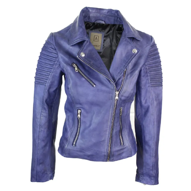 Women's Leather Blue Purple Biker Jacket sold by Tru Clothing