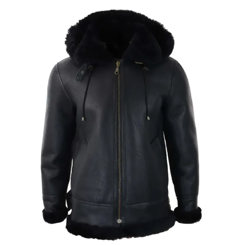 Men's Leather Sherling Sheepskin Hood Jacket Aviator Flying Pilot sold by Tru Clothing