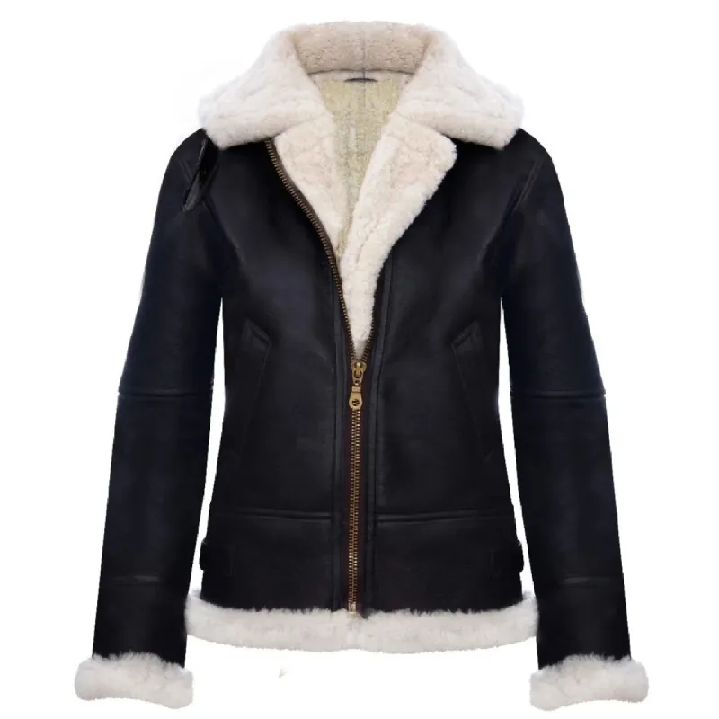 Women's Aviator White Brown Hooded Shearling Sheepskin Leather Jacket sold by Tru Clothing