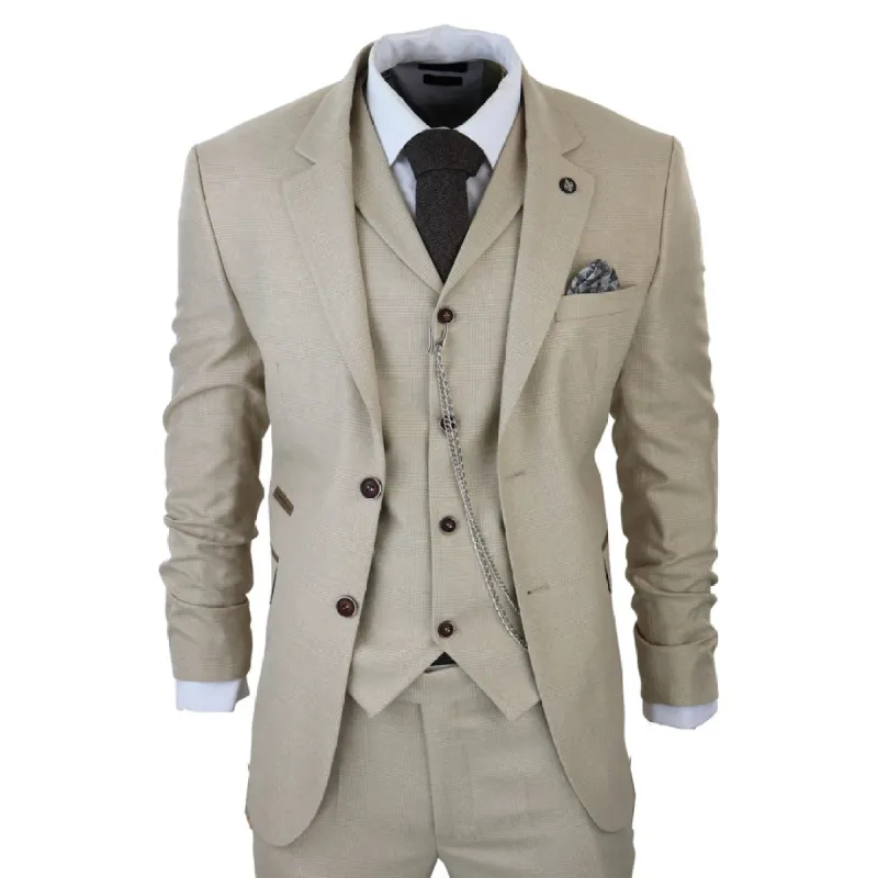 AK-08 - Men's 3 Piece Cream Prince Of Wales Check Suit made by Tru Clothing