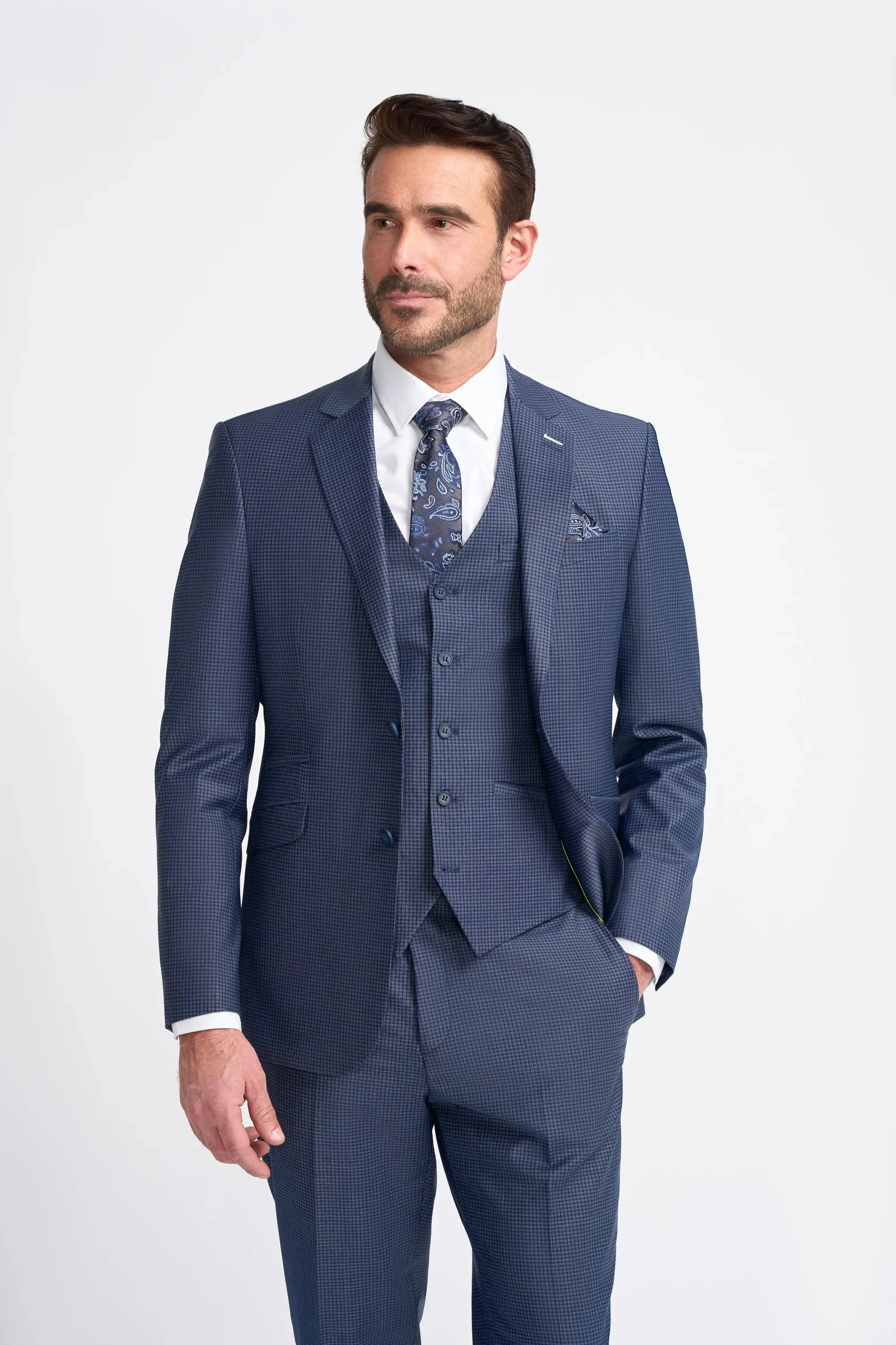 Bond - Men's Navy Check 3 Piece Tailored Fit Suit sold by Tru Clothing