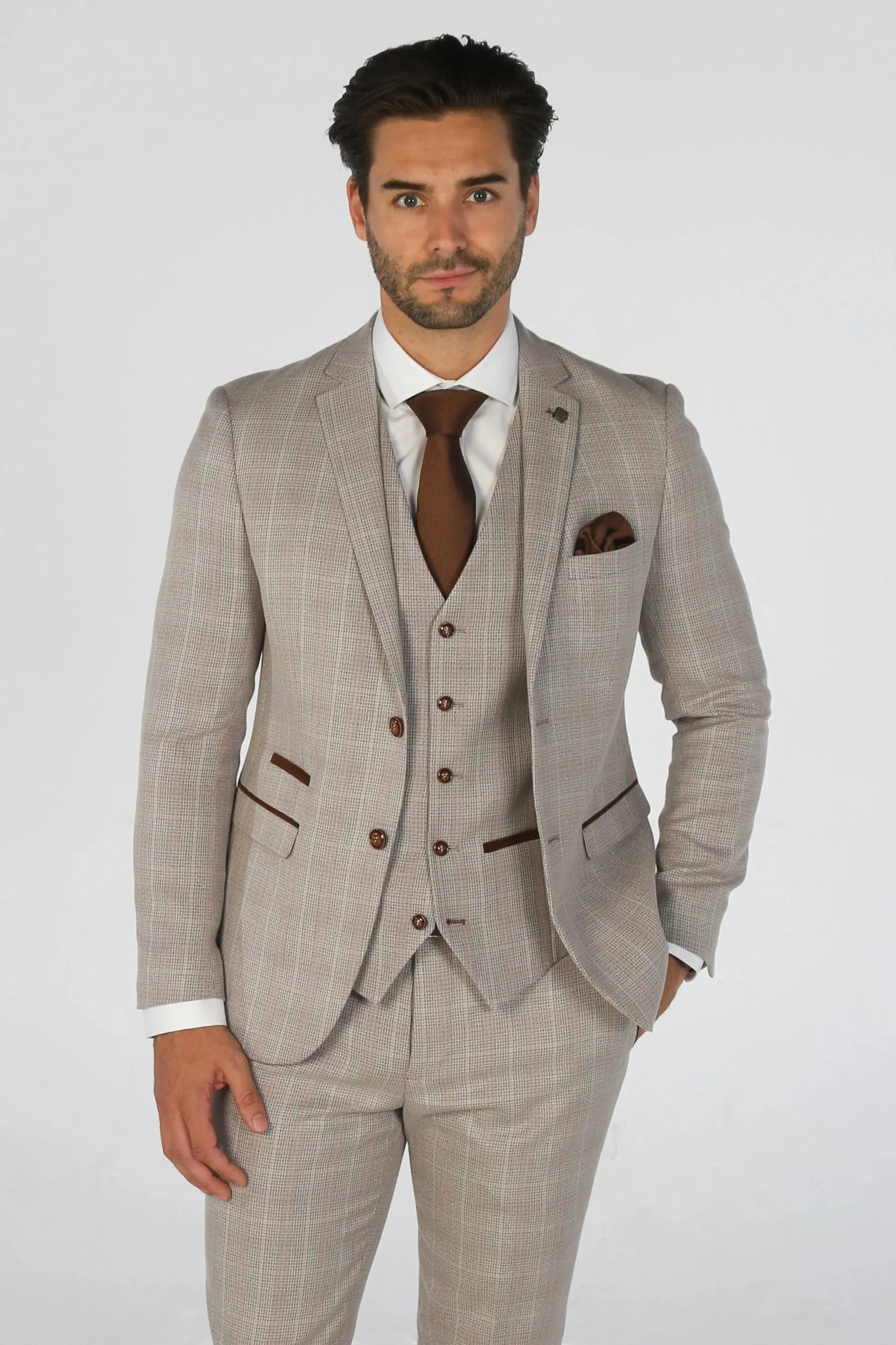 Leo - Men's Beige 3 Piece Checked Tailored Fit Suit sold by Tru Clothing