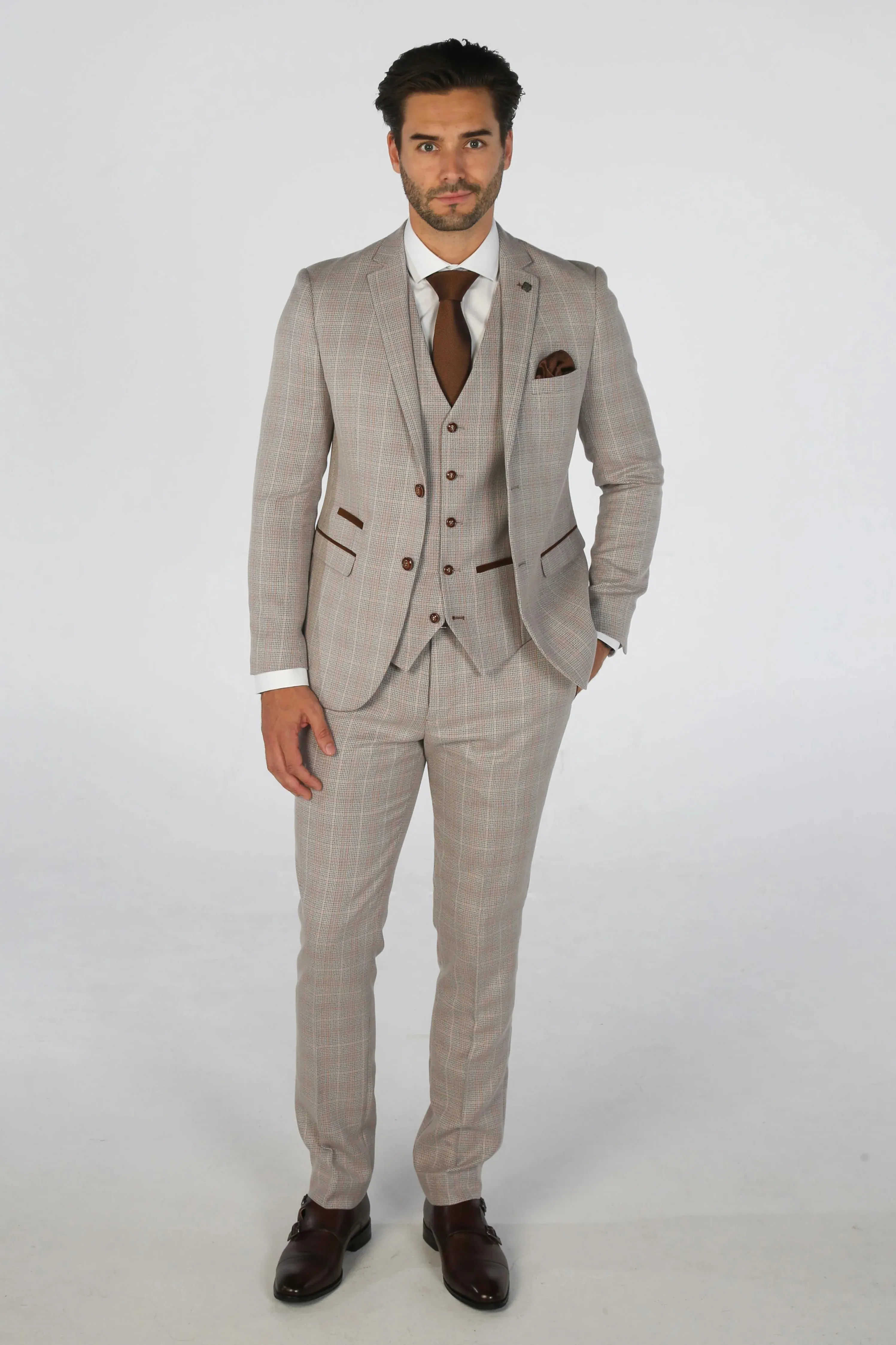 Leo - Men's Beige 3 Piece Checked Tailored Fit Suit sold by Tru Clothing product image thumbnail 2