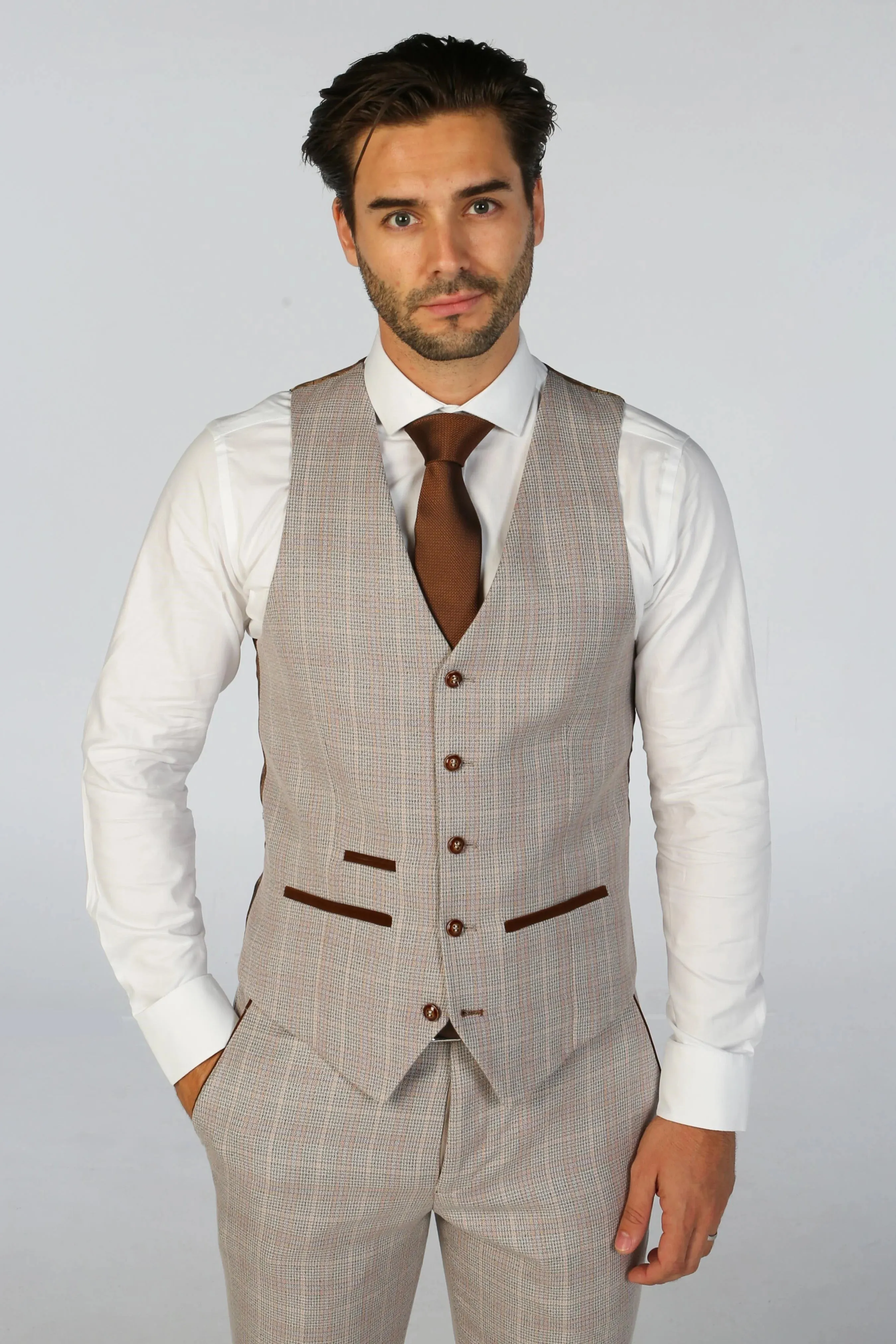 Leo - Men's Beige 3 Piece Checked Tailored Fit Suit sold by Tru Clothing product image thumbnail 5