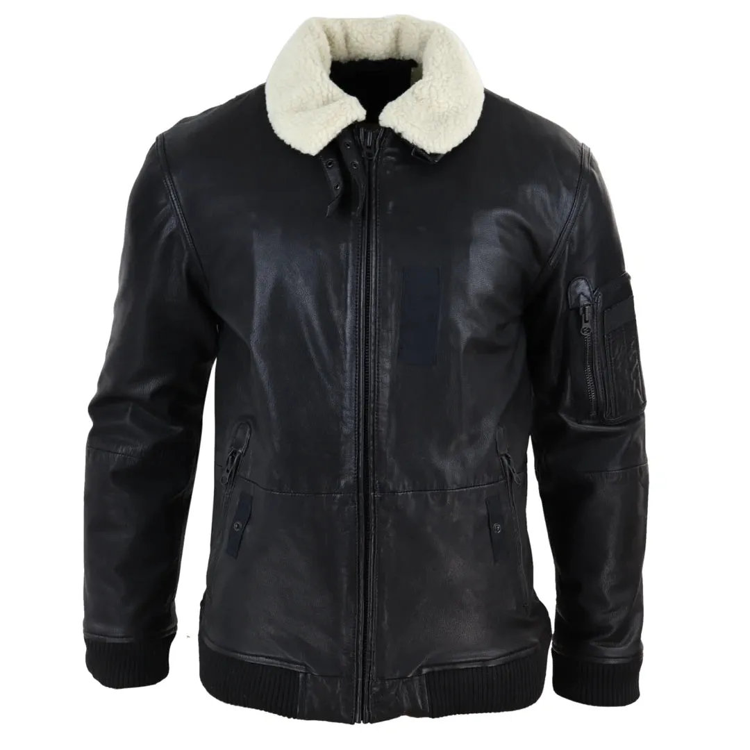 Men's Leather Jacket Washed Bomber Air Force Pilot Fur Collar sold by Tru Clothing