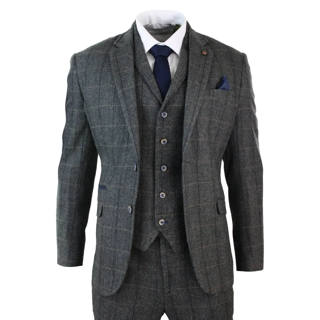 Albert - Men's 3 Piece Classic Tweed Herringbone Check Grey Navy Suit sold by Tru Clothing