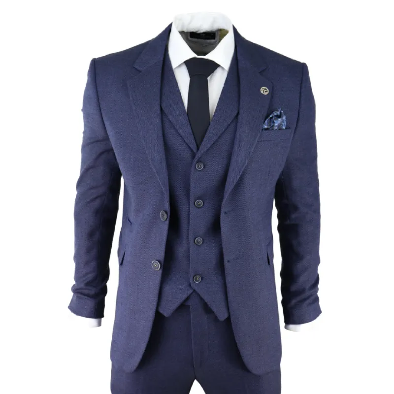 AK-04 - Men's Herringbone Tweed 3 Piece Blue Suit Wedding Blinders sold by Tru Clothing