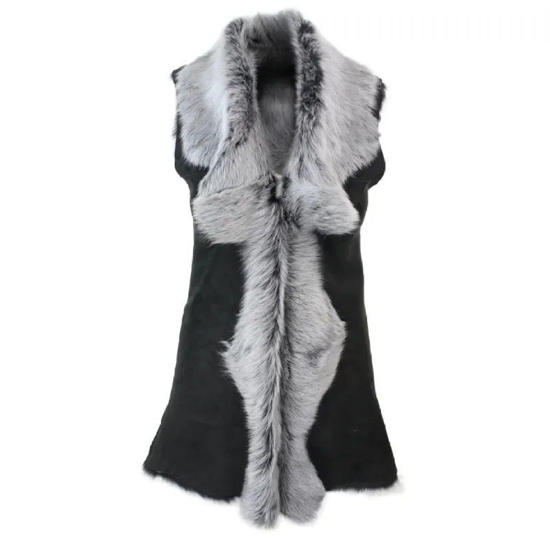 Women's Spanish Toscana Shearling Sheepskin Black Grey Leather Waistcoat sold by Tru Clothing