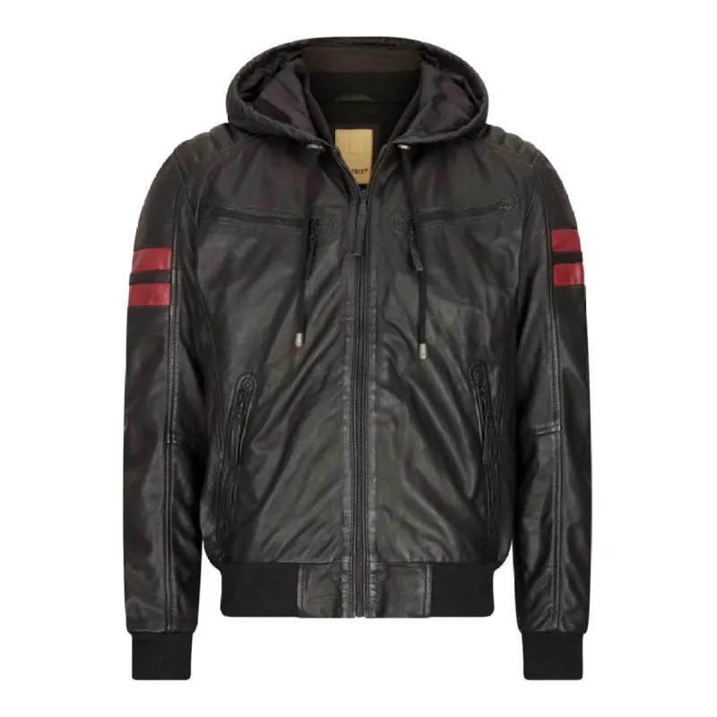 Men's Hooded Leather Bomber Jacket Red Stripes Quilted sold by Tru Clothing
