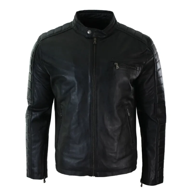 Men's Black Tan Brown Leather Biker Jacket Zipped sold by Tru Clothing