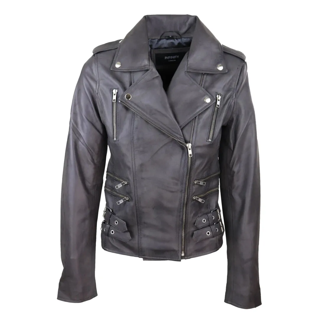 Women's Leather Grey Short Biker Jacket sold by Tru Clothing