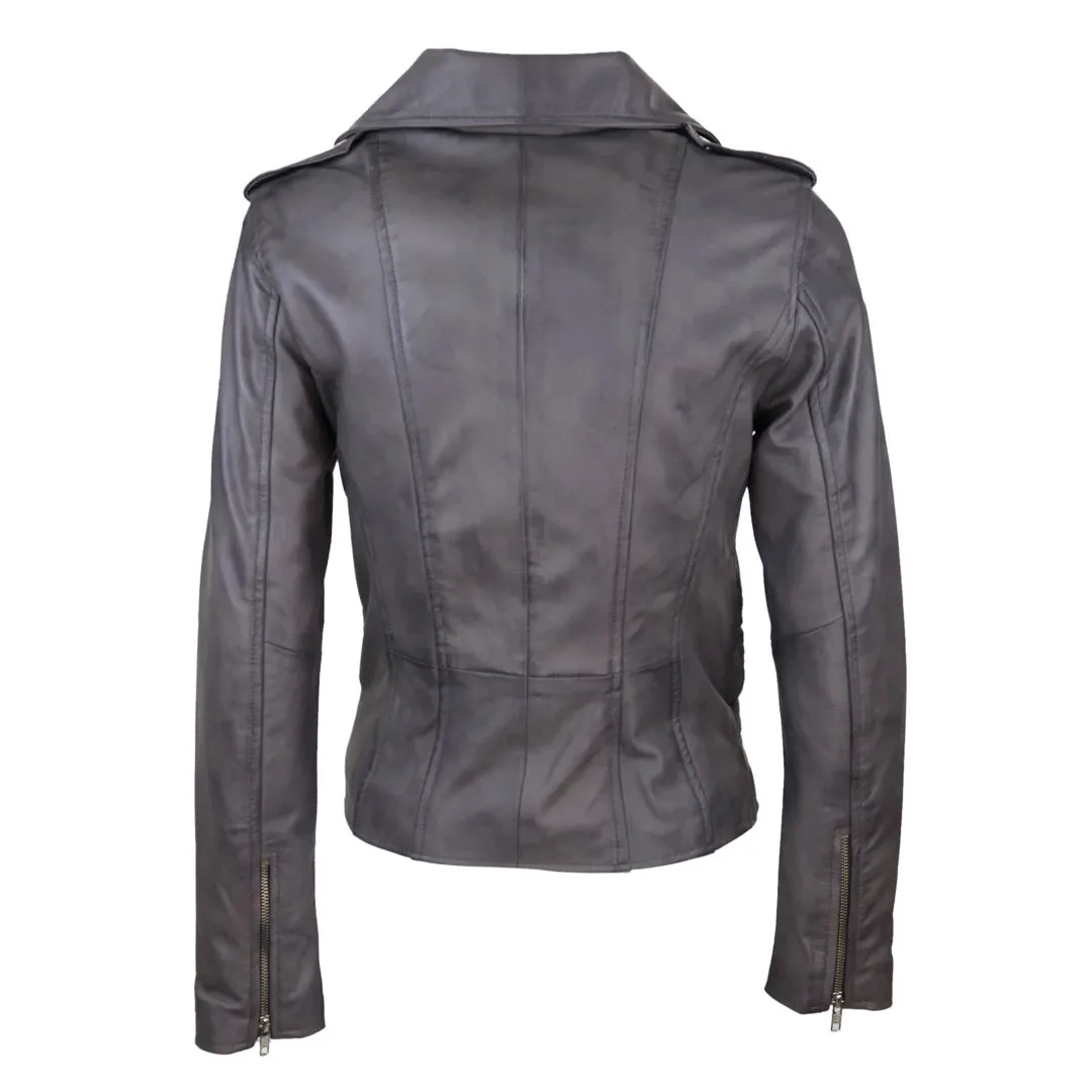 Women's Leather Grey Short Biker Jacket sold by Tru Clothing product image thumbnail 4