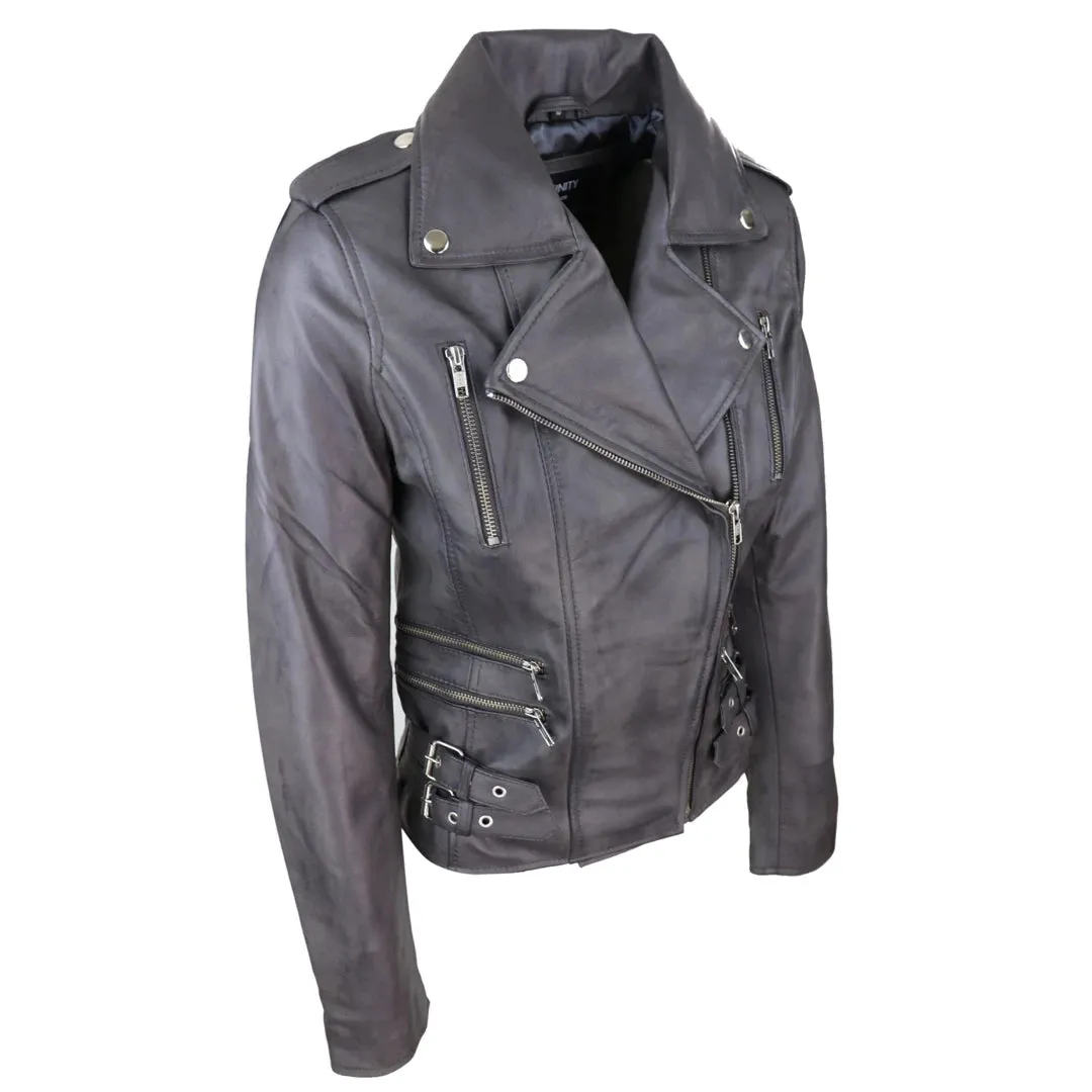 Women's Leather Grey Short Biker Jacket sold by Tru Clothing product image thumbnail 3