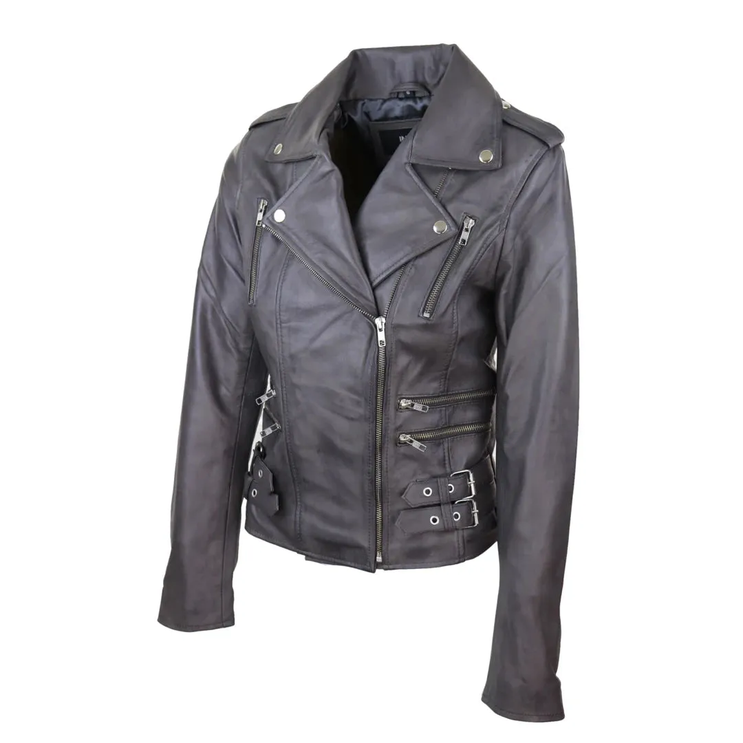 Women's Leather Grey Short Biker Jacket sold by Tru Clothing product image thumbnail 2