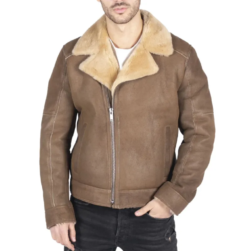 Men's Sheepskin Leather Cross Zip Flying Aviator Jacket Camel Brown Fur sold by Tru Clothing