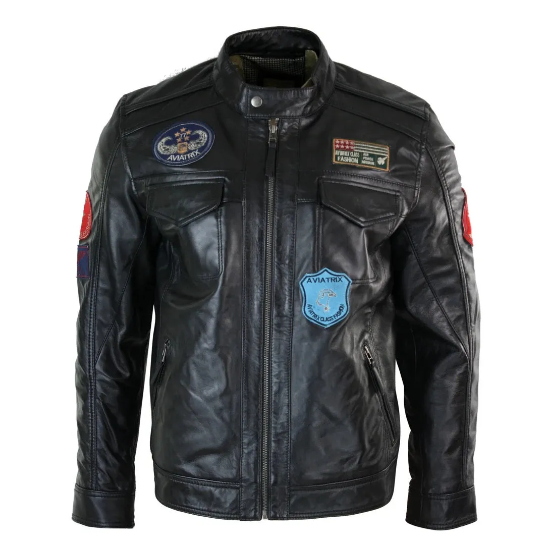 Men's Black Leather Zip Jacket Badge Racing US Pilot sold by Tru Clothing