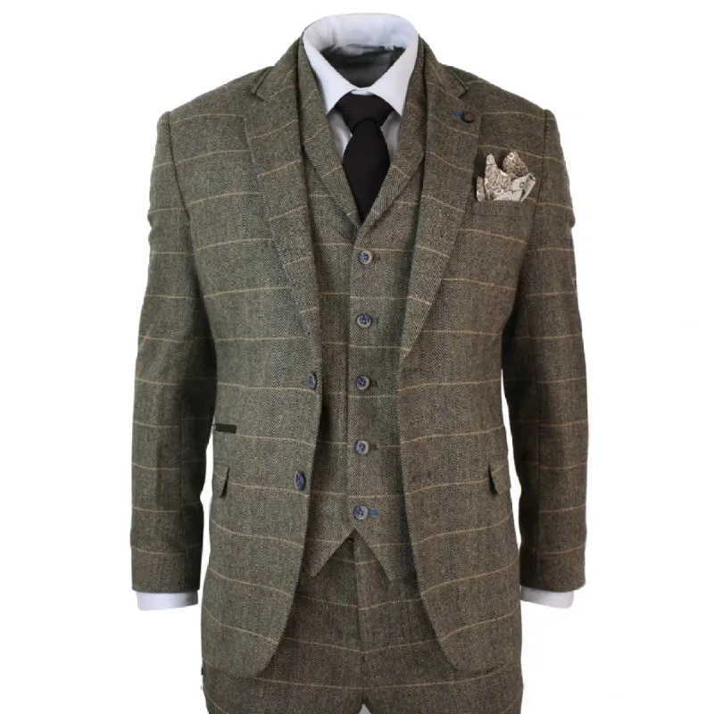 Albert - Men's 3 Piece Classic Tweed Herringbone Check Tan Brown Suit sold by Tru Clothing