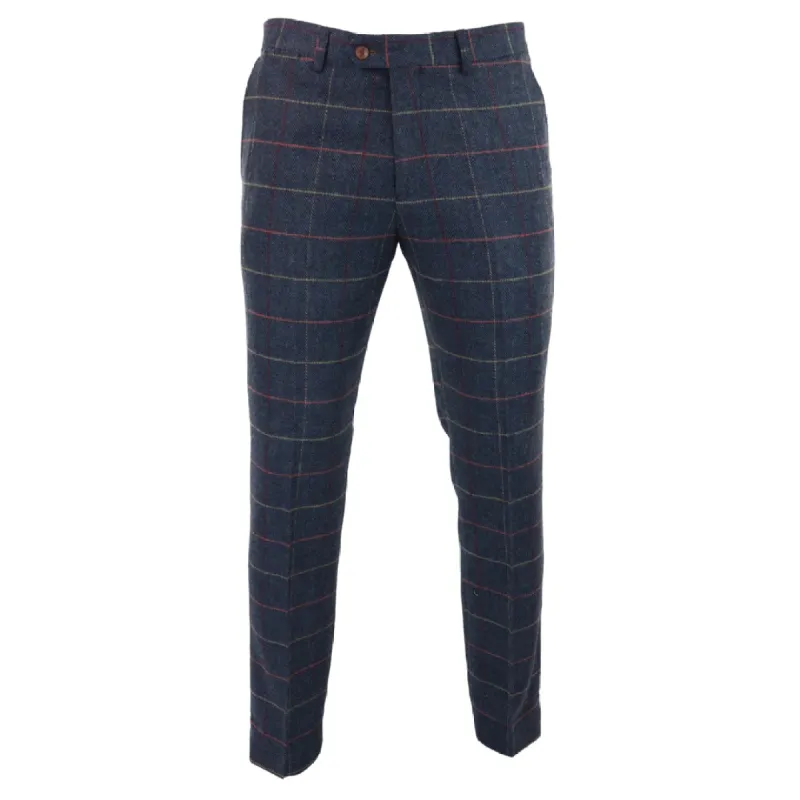 Eton - Men's Navy Blue Wine Check Herringbone Tweed Trousers sold by Tru Clothing