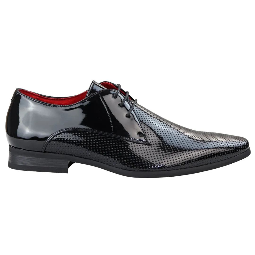 Mens Shoes Smart Formal Perforated Pointed Laced Black Red White Patent Leather PU sold by Tru Clothing