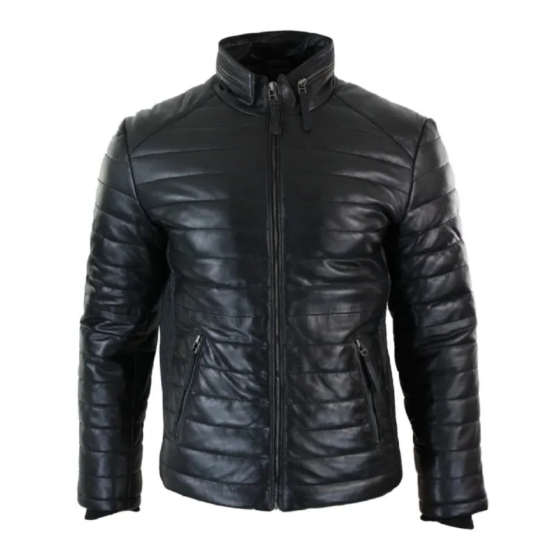 Men's Leather Quilted Puffer Zipped Jacket Brown Black sold by Tru Clothing