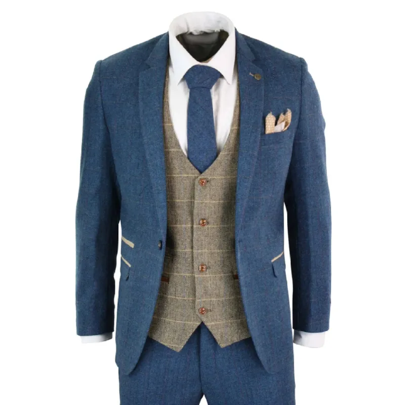 Dion - Men's Blue Tan Brown 3 Piece Herringbone Tweed Check Suit sold by Tru Clothing