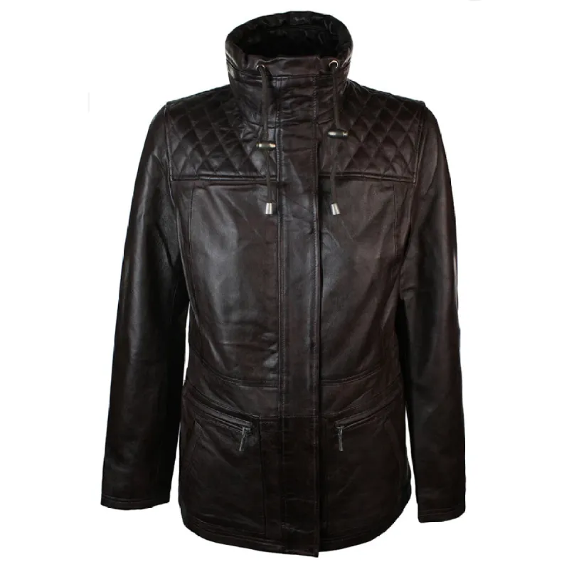 Women's Leather Mid Length Brown Jacket Trench Coat sold by Tru Clothing