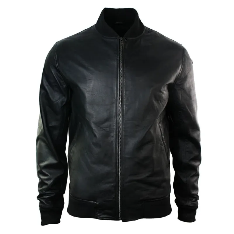 Men's Leather Black Varsity Bomber Jacket Classic Black Brown sold by Tru Clothing