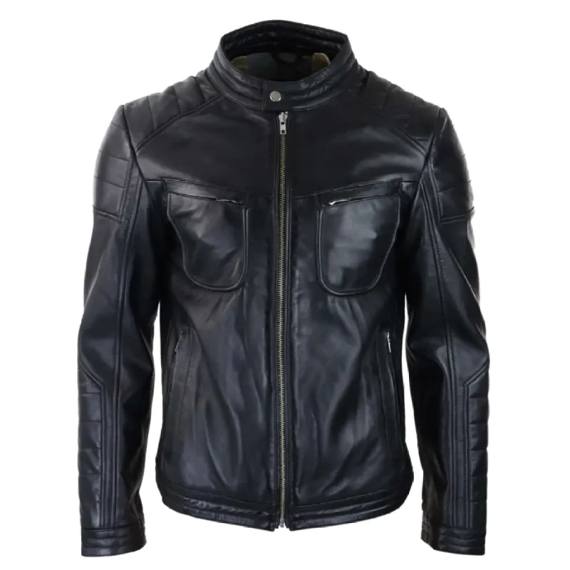 Men's Black Tan Brown Zipped Biker Jacket Classic Chest Pocket Rider Club sold by Tru Clothing