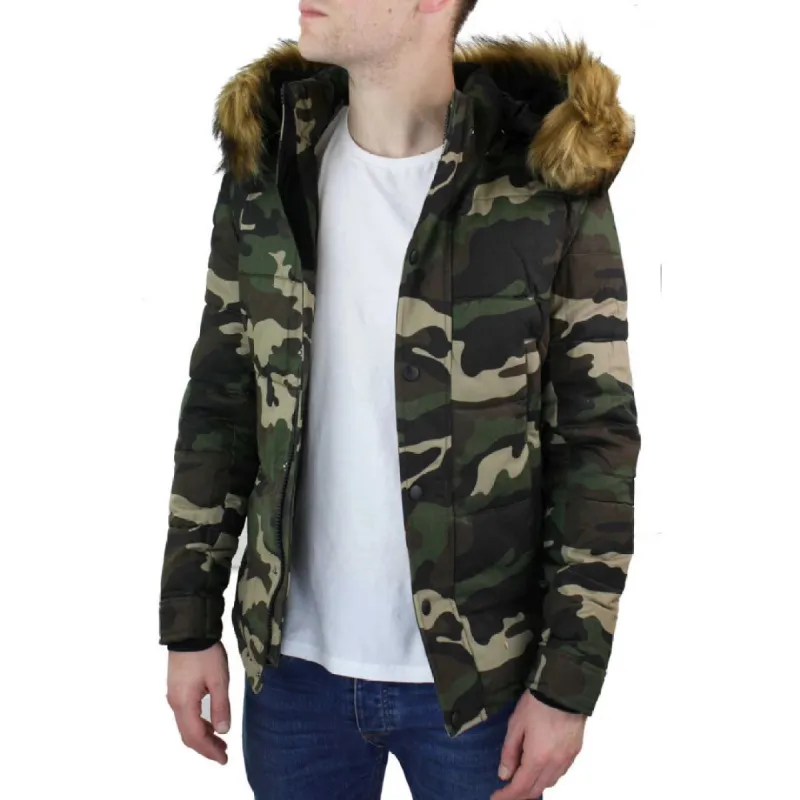 Men's Camo Camouflage Quilted Padded Puffer Jacket Hood Fur Removable sold by Tru Clothing