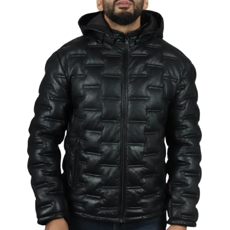 Men's Puffer Quilted Real Leather Hooded Jacket sold by Tru Clothing