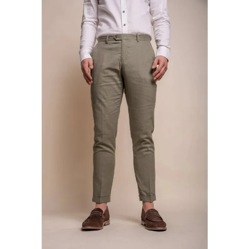 Alvari - Men's Sage Linen Summer Trousers sold by Tru Clothing