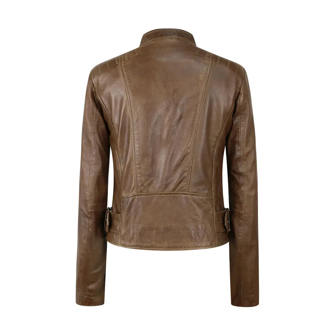 Women's Leather Jacket Cross Zip Brando Nehru Collarless Soft sold by Tru Clothing product image thumbnail 5