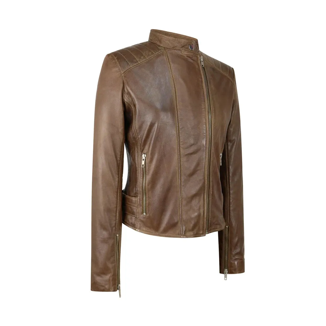 Women's Leather Jacket Cross Zip Brando Nehru Collarless Soft sold by Tru Clothing product image thumbnail 3