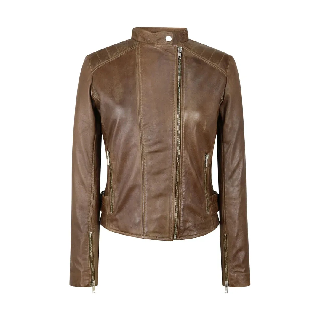 Women's Leather Jacket Cross Zip Brando Nehru Collarless Soft sold by Tru Clothing