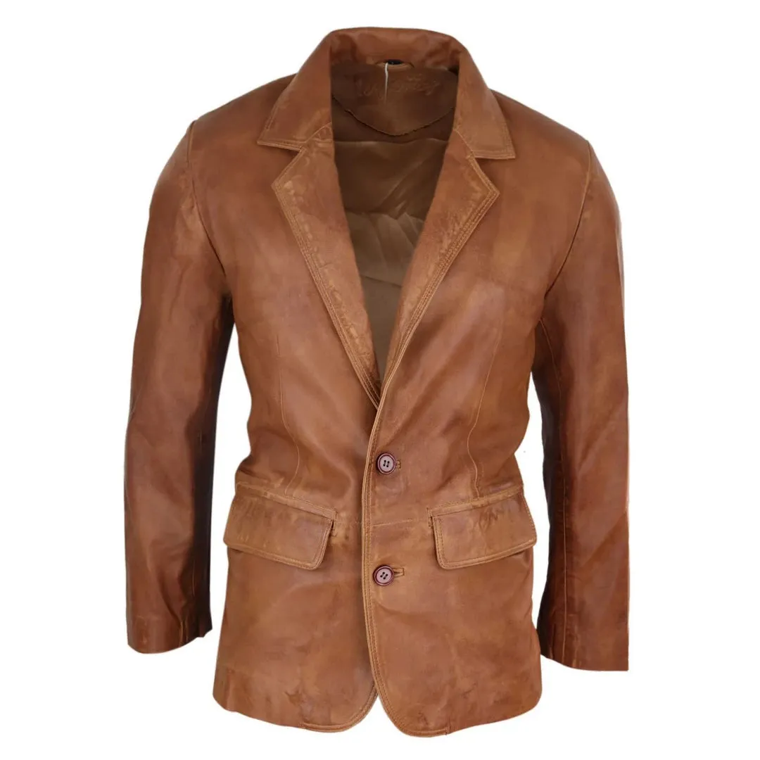 Men's Regular Fit Classic Leather 2 Button Tan Brown Blazer Jacket sold by Tru Clothing