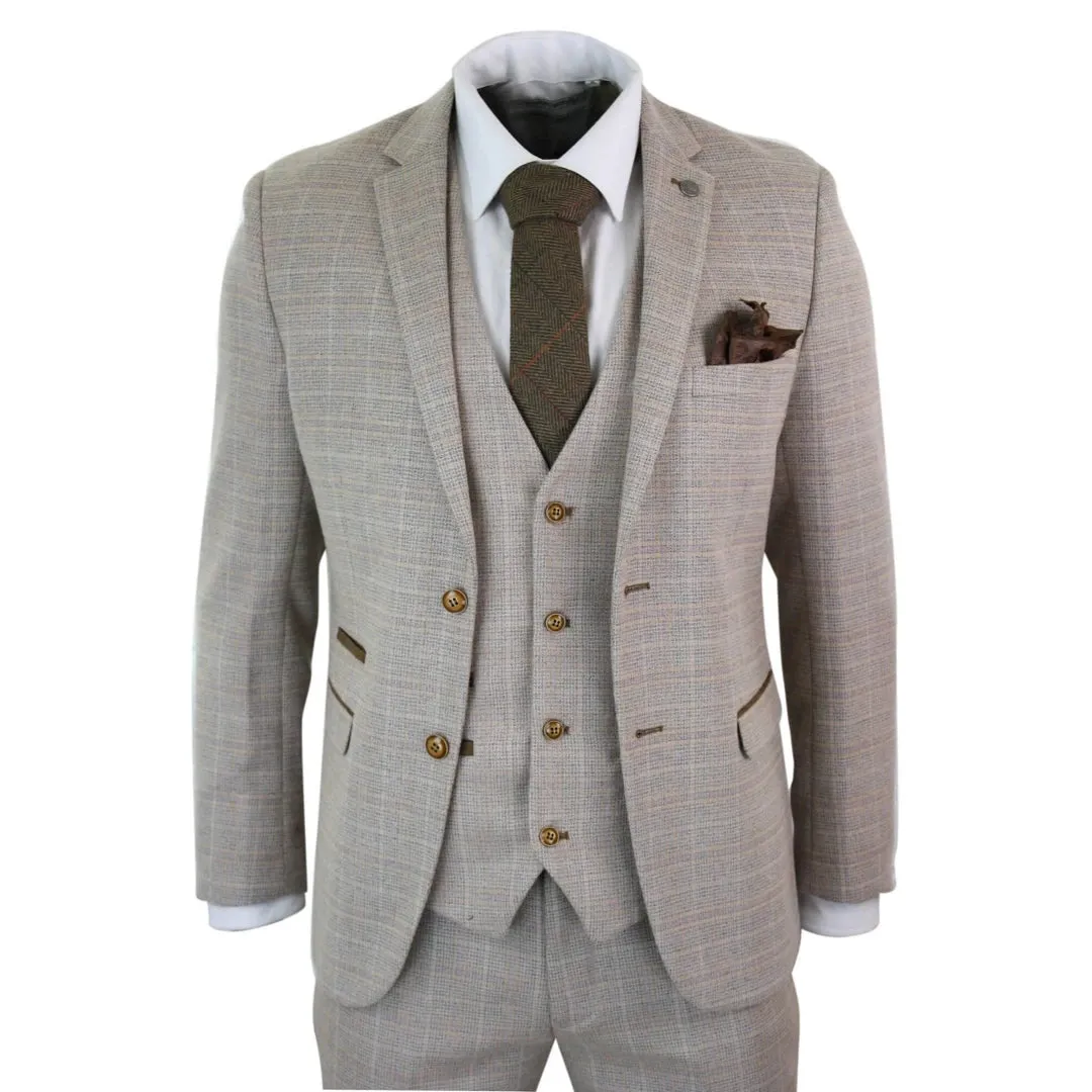 Holland - Men's Boys Check Tweed Beige Brown 3 Piece Suit Wedding Prom sold by Tru Clothing