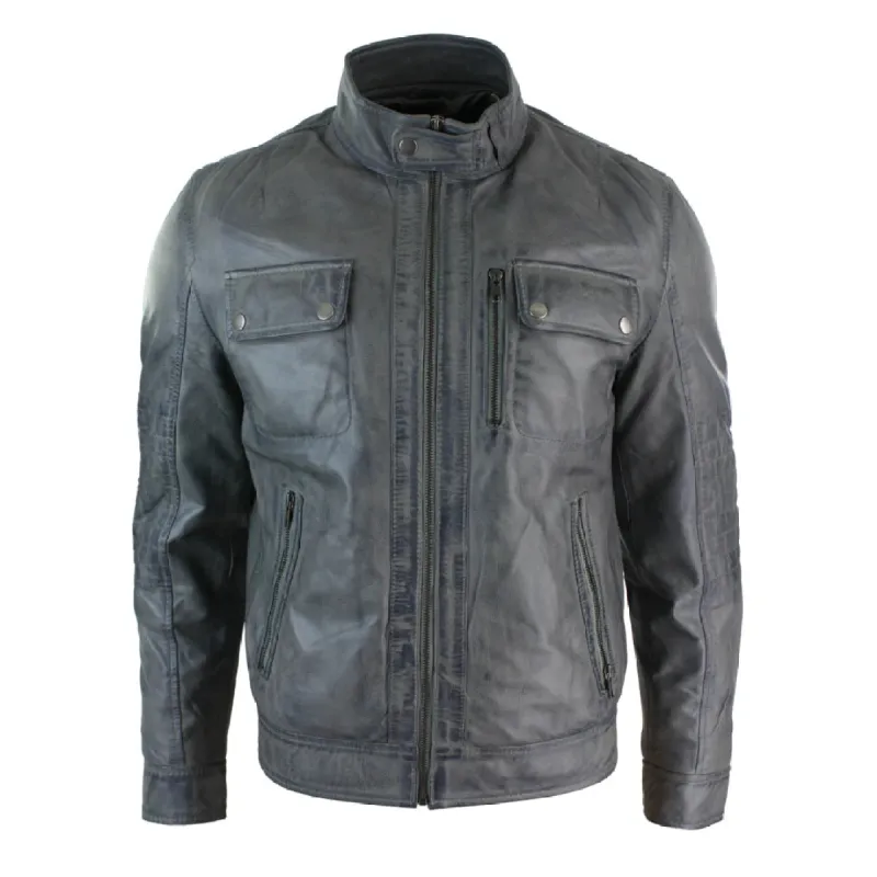 Men's Short Blue Grey Zipped Biker Washed Leather Jacket sold by Tru Clothing
