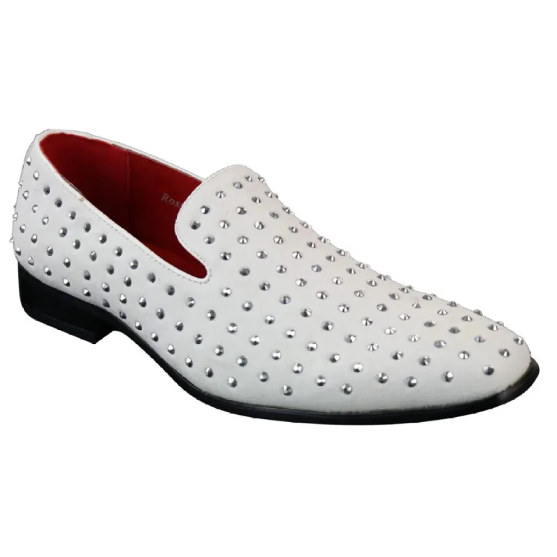 Mens Suede Slip On Loafers Shoes Stud Spikes Silver Smart Casual Shiny Party White sold by Tru Clothing