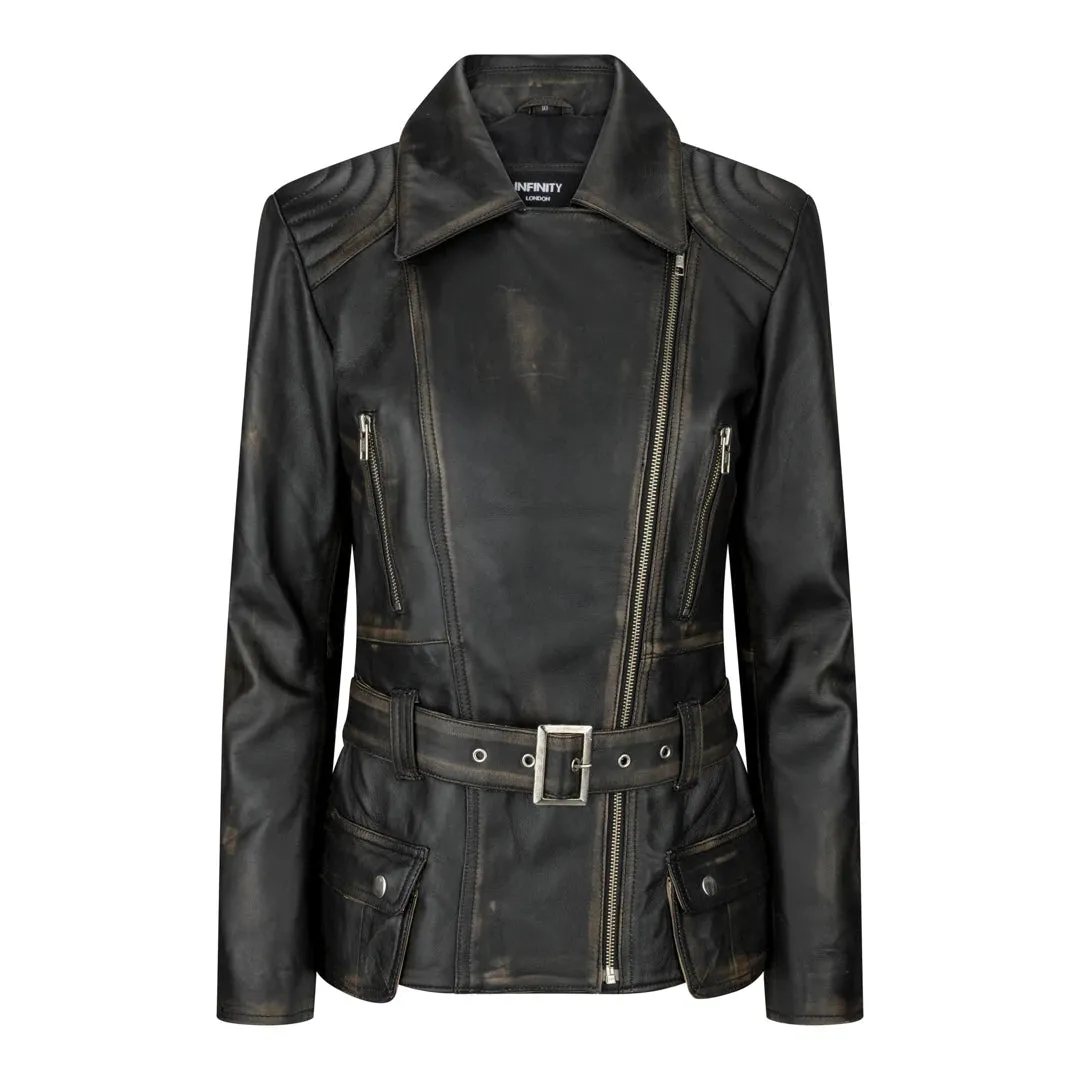 Women's Brown Leather Belted Fitted Jacket sold by Tru Clothing product image thumbnail 5
