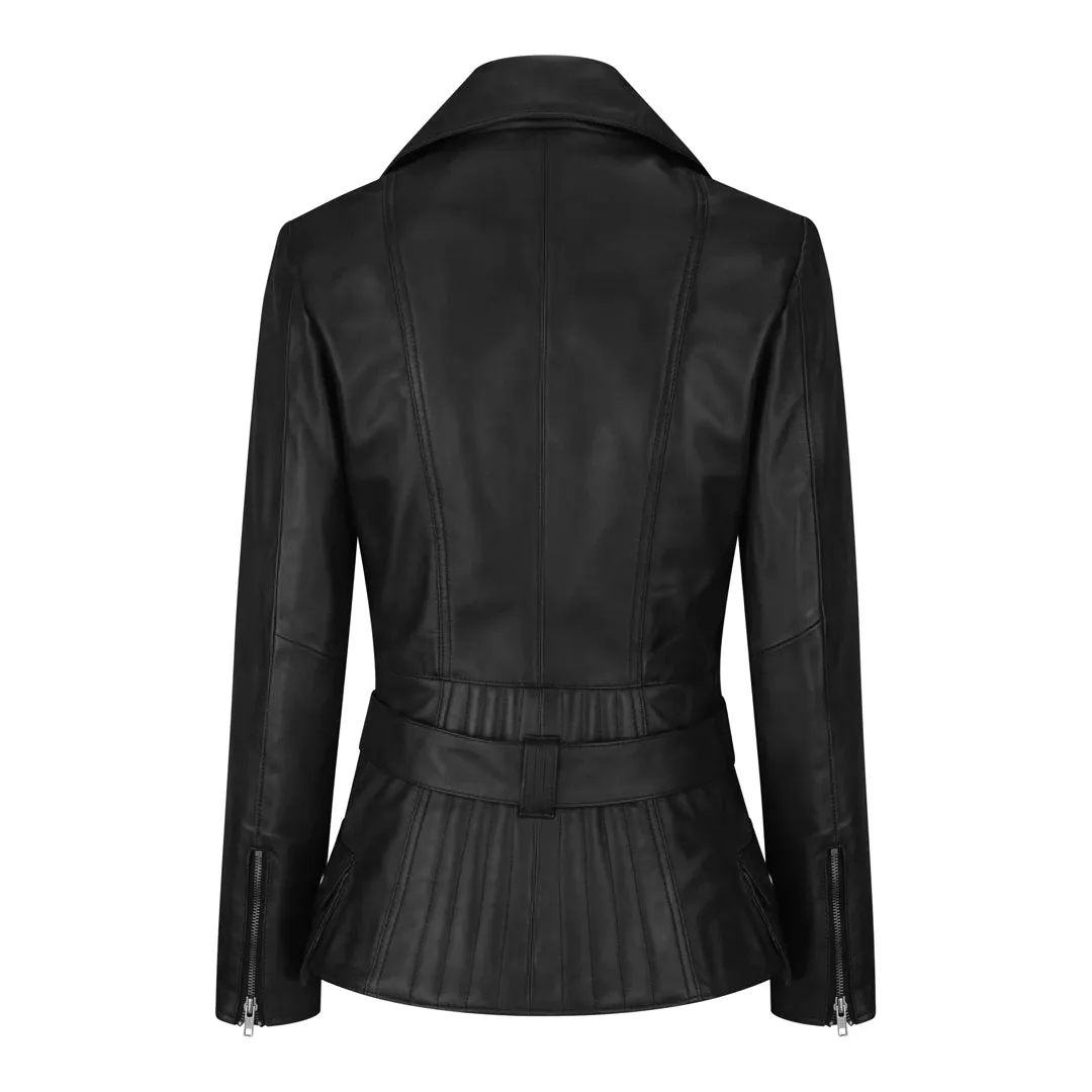 Women's Brown Leather Belted Fitted Jacket sold by Tru Clothing product image thumbnail 3