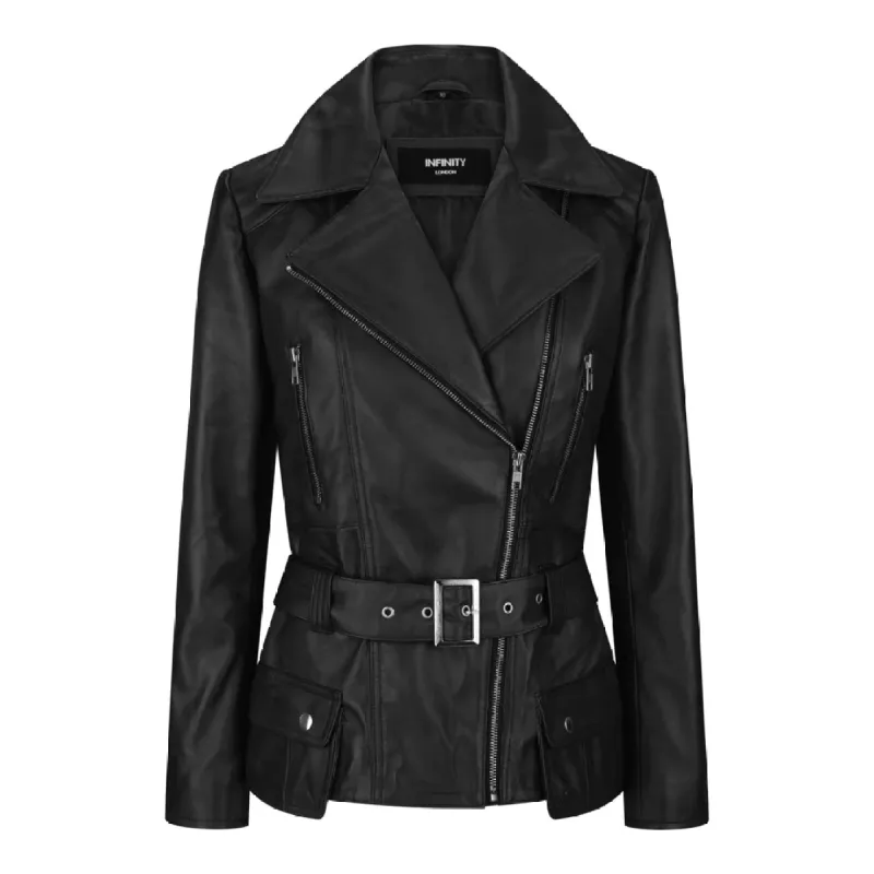 Women's Brown Leather Belted Fitted Jacket sold by Tru Clothing