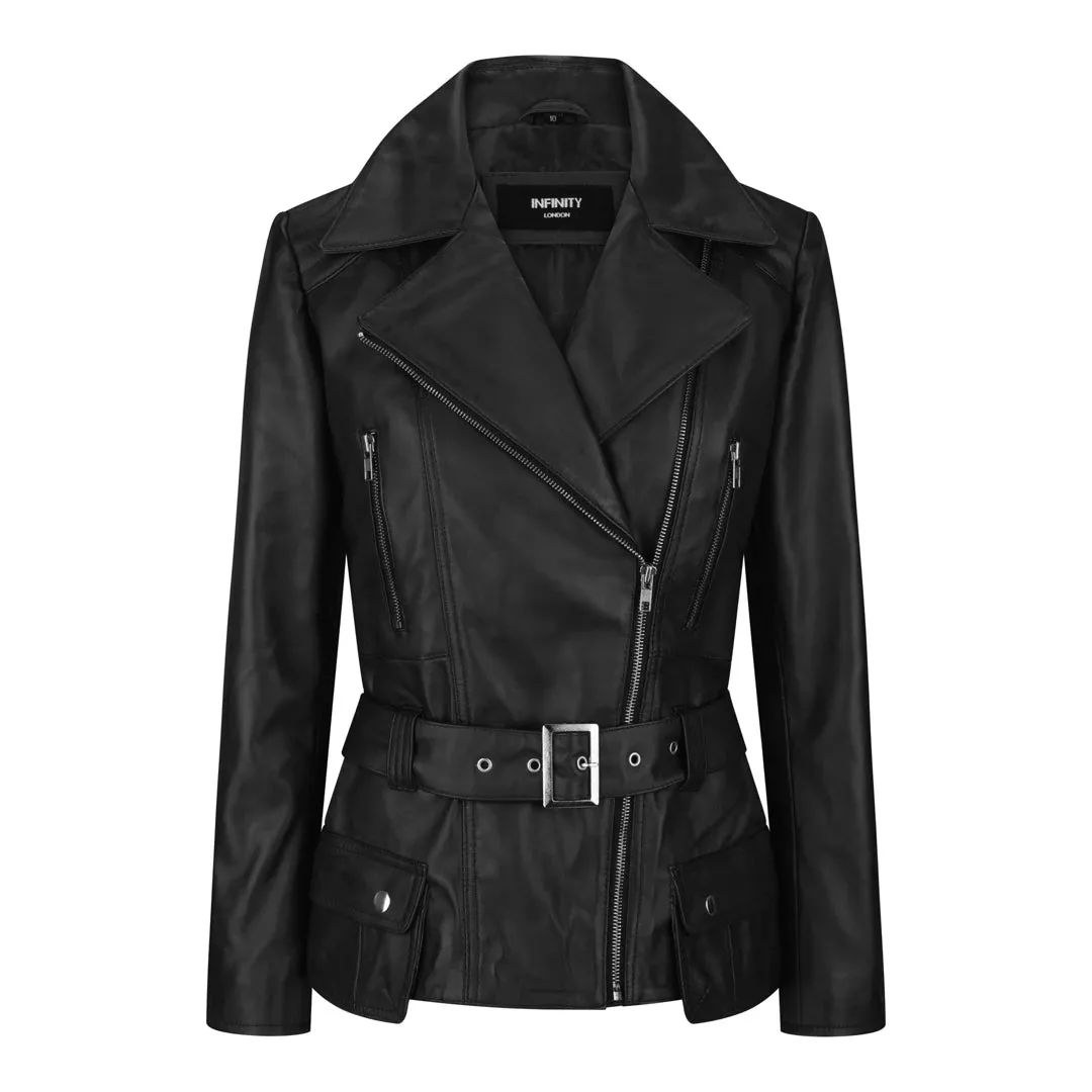 Women's Brown Leather Belted Fitted Jacket sold by Tru Clothing