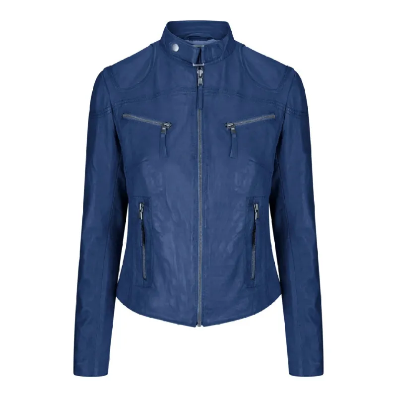 Women's Leather Fitted Biker Short Royal Blue Jacket sold by Tru Clothing