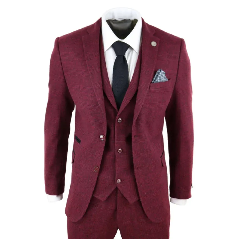 Draco - Men's Wine Maroon Check Herringbone Tweed 3 Piece Suit sold by Tru Clothing