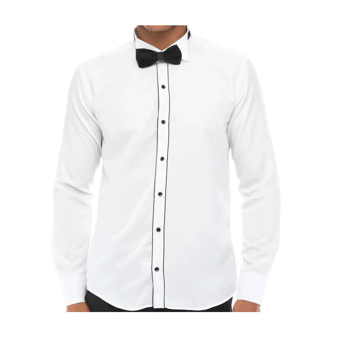 Men's Wing Collar Shirt Tuxedo White Black Piping Double Cuff Dinner Classic sold by Tru Clothing
