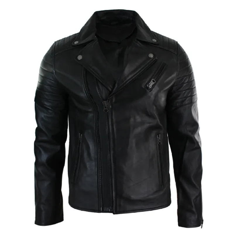 Men's Cross Zip Brando Leather Biker Jacket sold by Tru Clothing