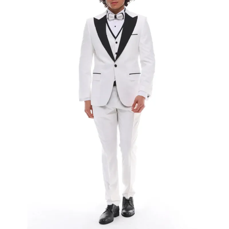 SP2302 - Men's 3 Piece Dinner Suit Wedding Prom Tuxedo Black Tie White Black Classic Bond sold by Tru Clothing
