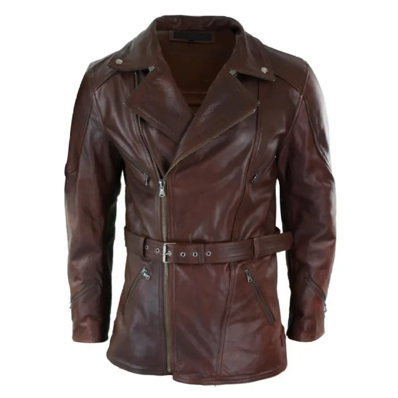 Men's Cross Zip Belted Black 3/4 Motorcycle Biker Long Leather Jacket CE Armour sold by Tru Clothing