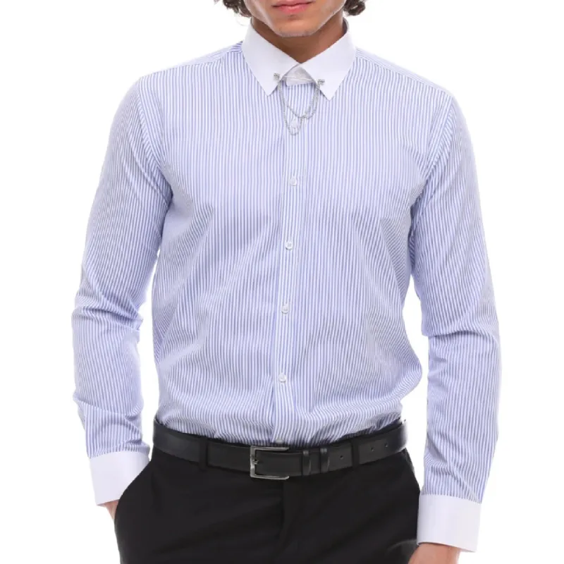 Men's Stripe Button Down Poplin Shirt With Bar & Chain Formal Classic sold by Tru Clothing
