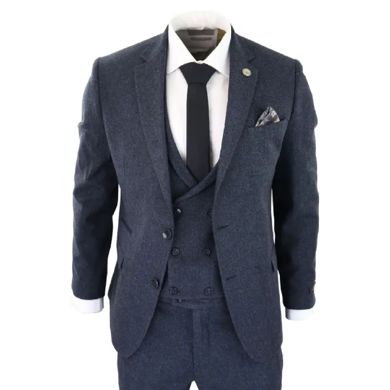WS25 - Men's 3 Piece Tweed Suit Blue Double Breasted Waistcoat sold by Tru Clothing